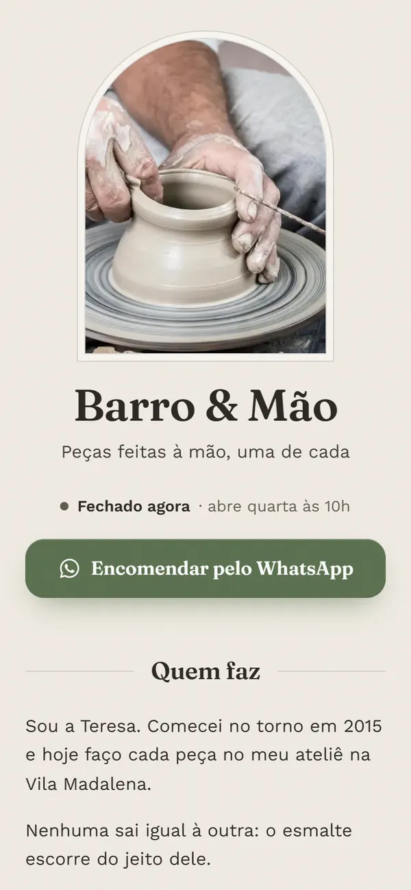 Site de exemplo do modelo Raiz para cerâmica artesanal